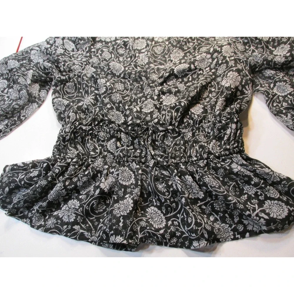 Old Navy Womens Medium Black Floral Peasant Blouse Boho Smocked Puff Sleeve